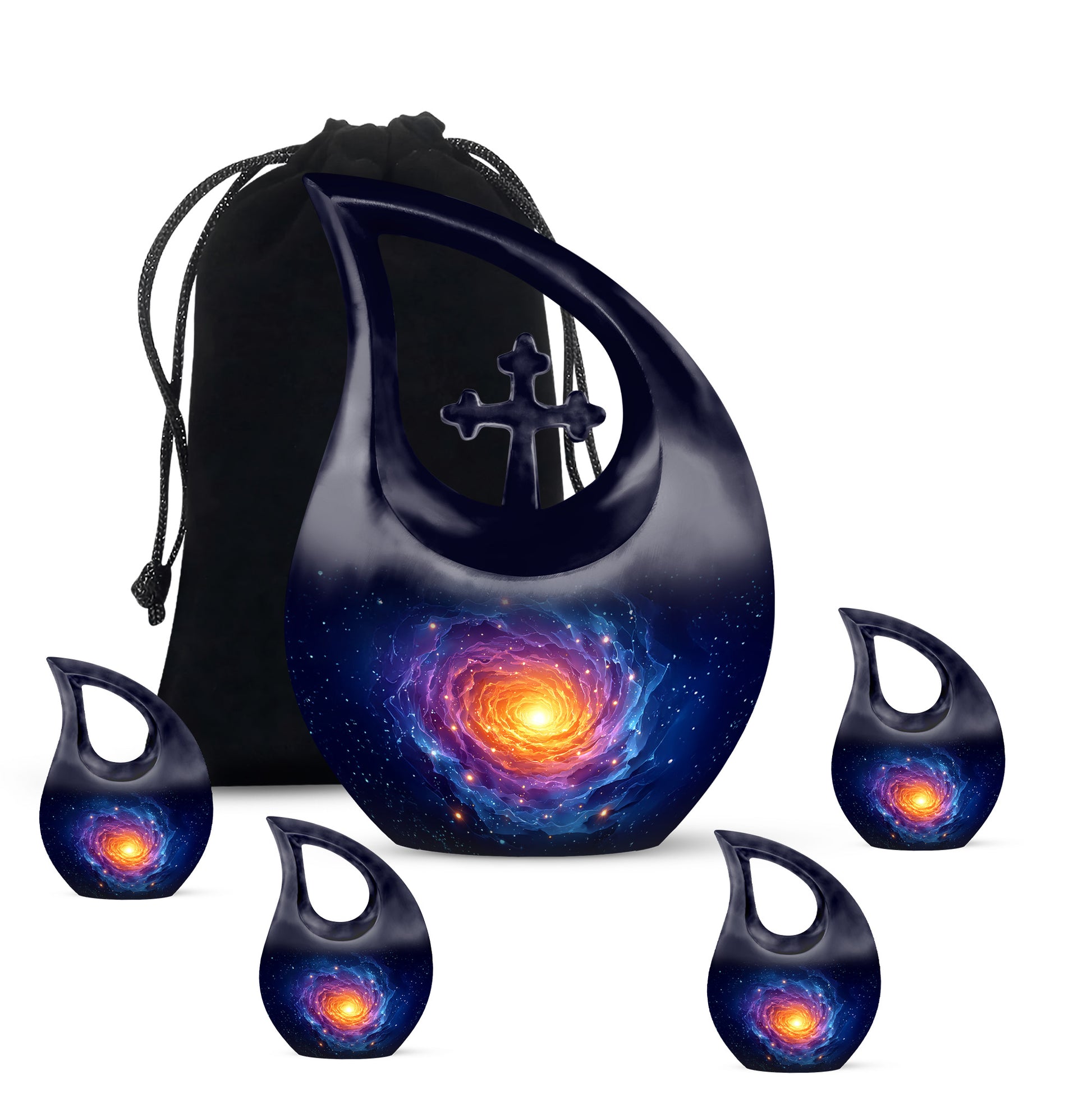 Dusty Blue Galaxy Cremation Urn urn with complimentary velvet bag - sacred cross merged with galaxy motif on metal - memorial set with one large and four small urns