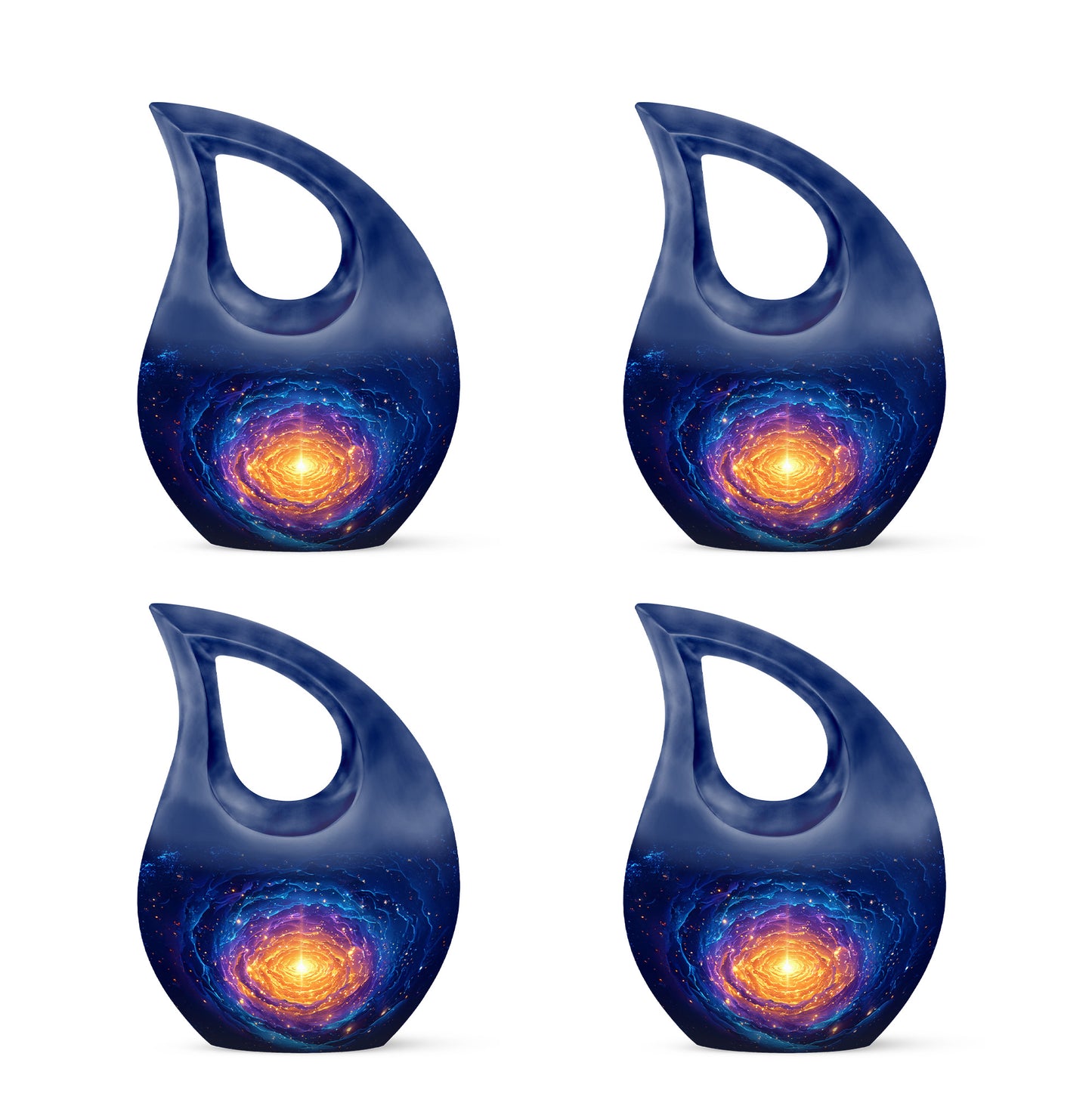 Indigo Galaxy Cremation Urn lifestyle display on memorial shelf - cross and galaxy combined in spiritual memorial design - 10 inch aluminum urn for cremated remains