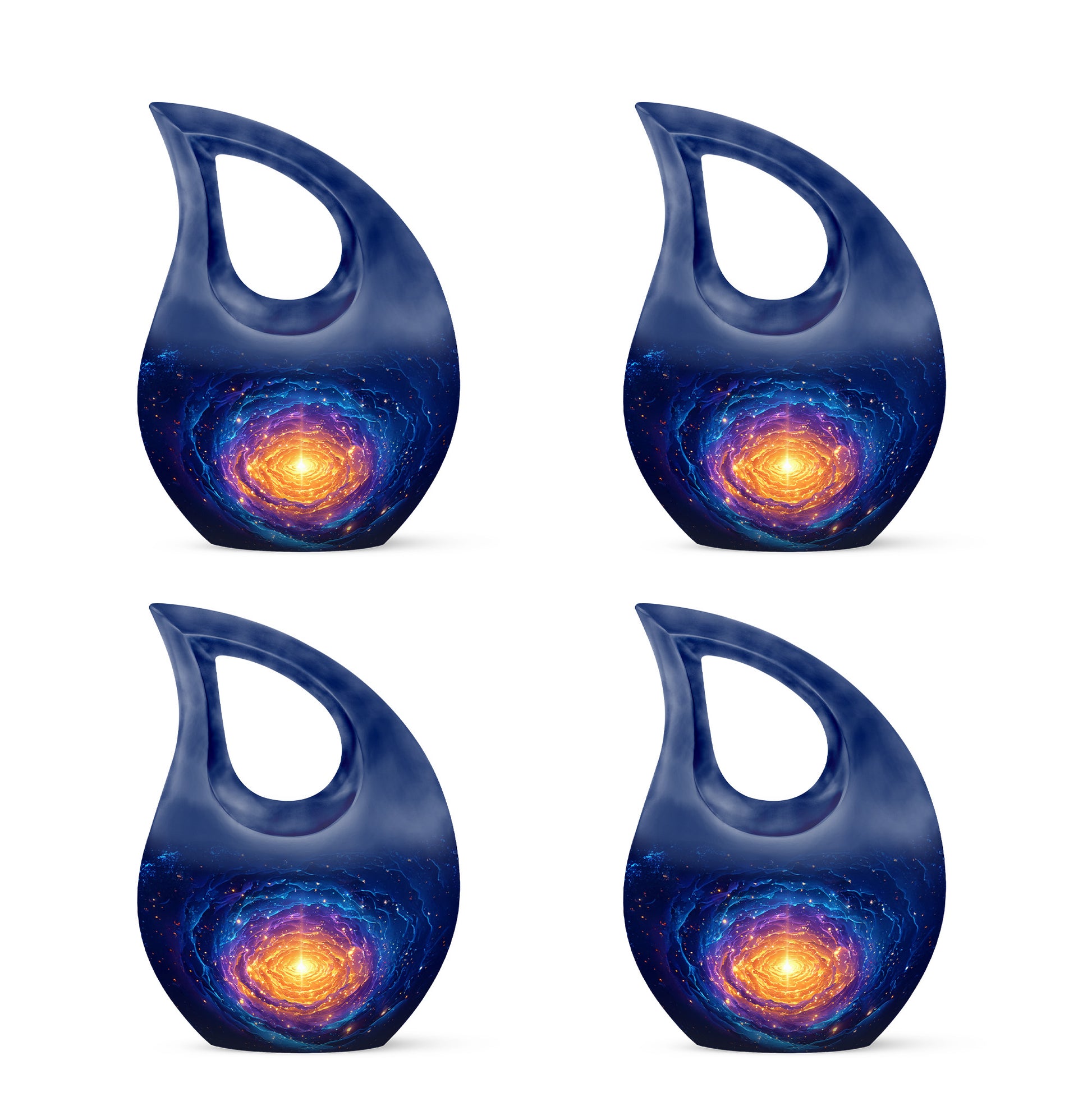 Indigo Galaxy Cremation Urn lifestyle display on memorial shelf - cross and galaxy combined in spiritual memorial design - 10 inch aluminum urn for cremated remains
