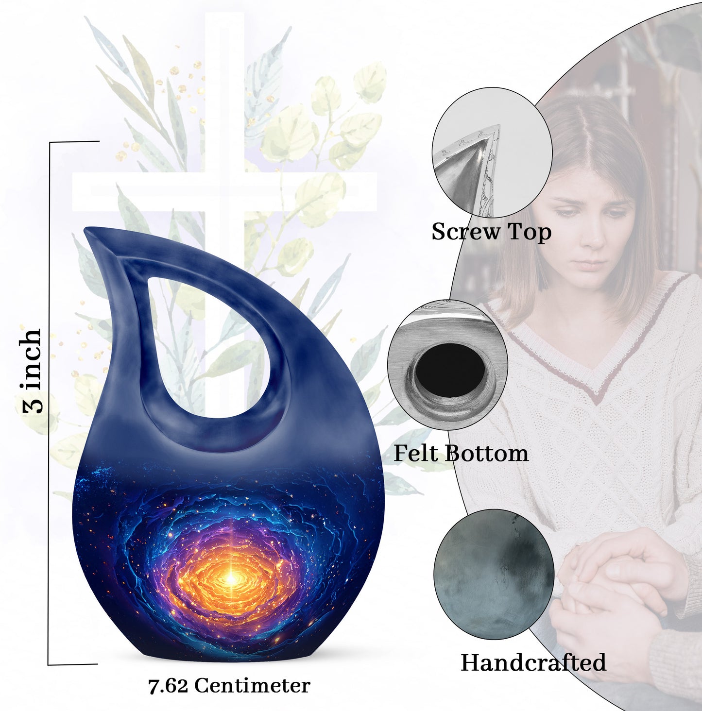 Vivid Blue Galaxy Cremation Urn back view with polished surface - devotional cross-drop galaxy engraving - mini keepsake memorial for portion of cremation ashes