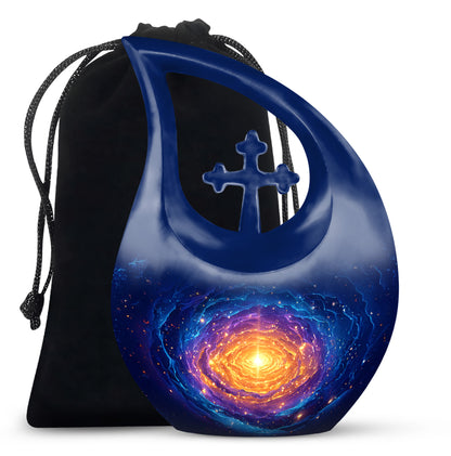 Slate Blue Galaxy Cremation Urn top-down view of secure threaded lid - sacred cross merged with galaxy motif on metal - full-size 10 inch 200 cubic inch adult cremation urn