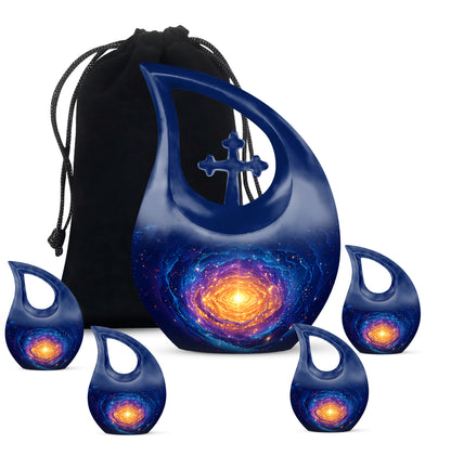 Pastel Blue Galaxy Cremation Urn urn with complimentary velvet bag - cross and galaxy combined in spiritual memorial design - memorial set with one large and four small urns