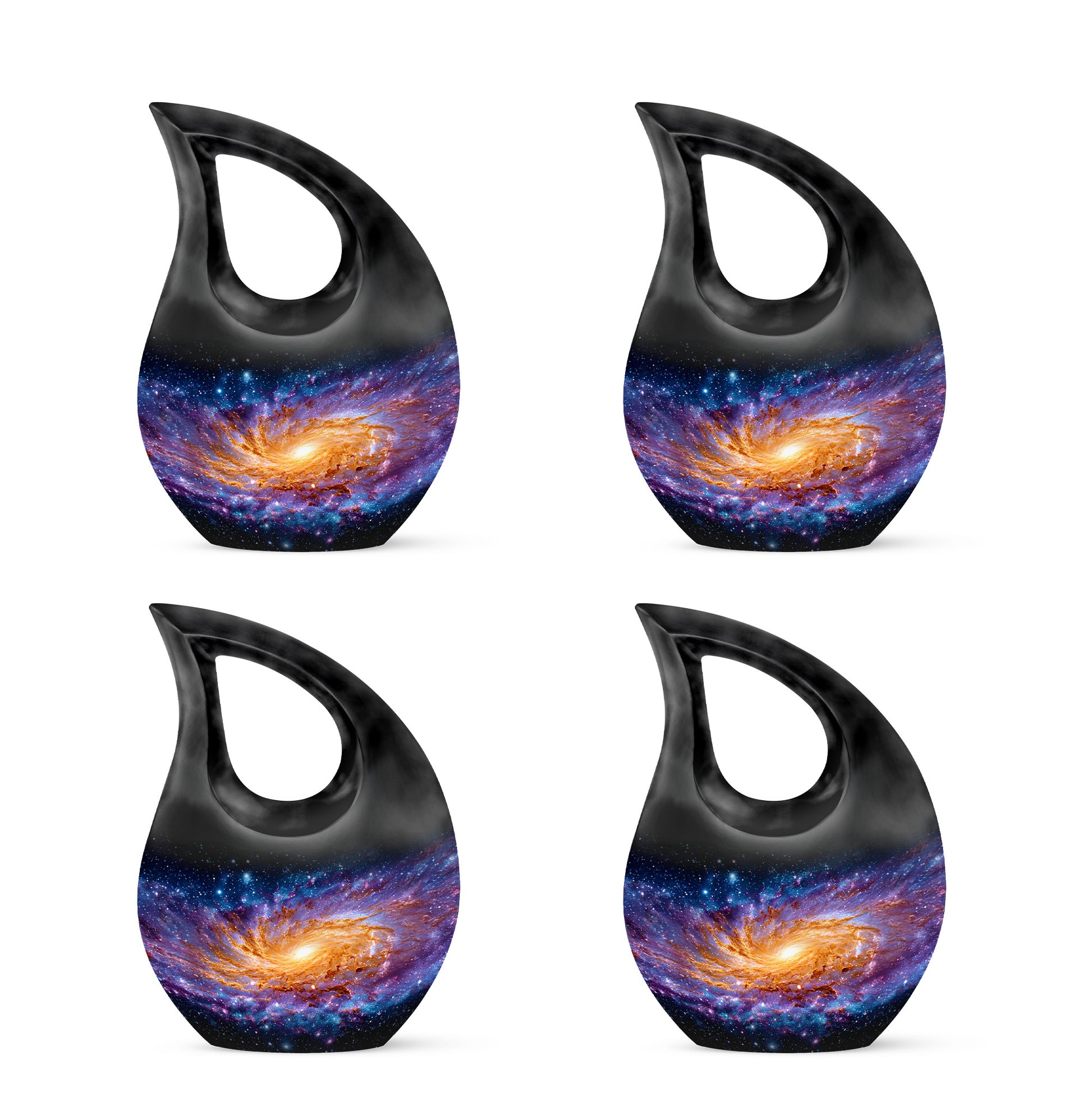 Charcoal Black Galaxy Cremation Urn lifestyle display on memorial shelf - faith-inspired cross-drop urn with galaxy pattern - 10 inch aluminum urn for cremated remains