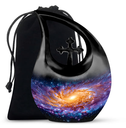 Onyx Black Galaxy Cremation Urn top-down view of secure threaded lid - devotional cross-drop galaxy engraving - full-size 10 inch 200 cubic inch adult cremation urn