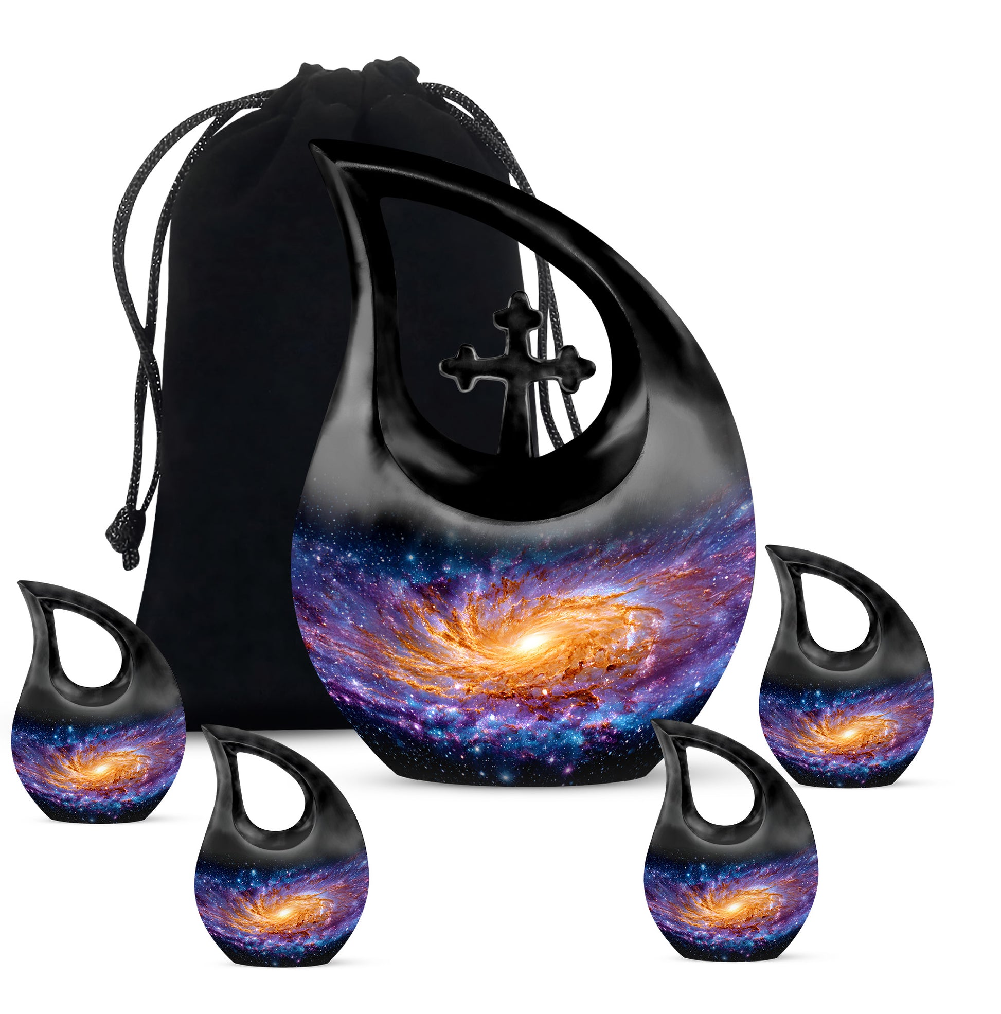 Charcoal Black Galaxy Cremation Urn urn with complimentary velvet bag - faith-inspired cross-drop urn with galaxy pattern - memorial set with one large and four small urns