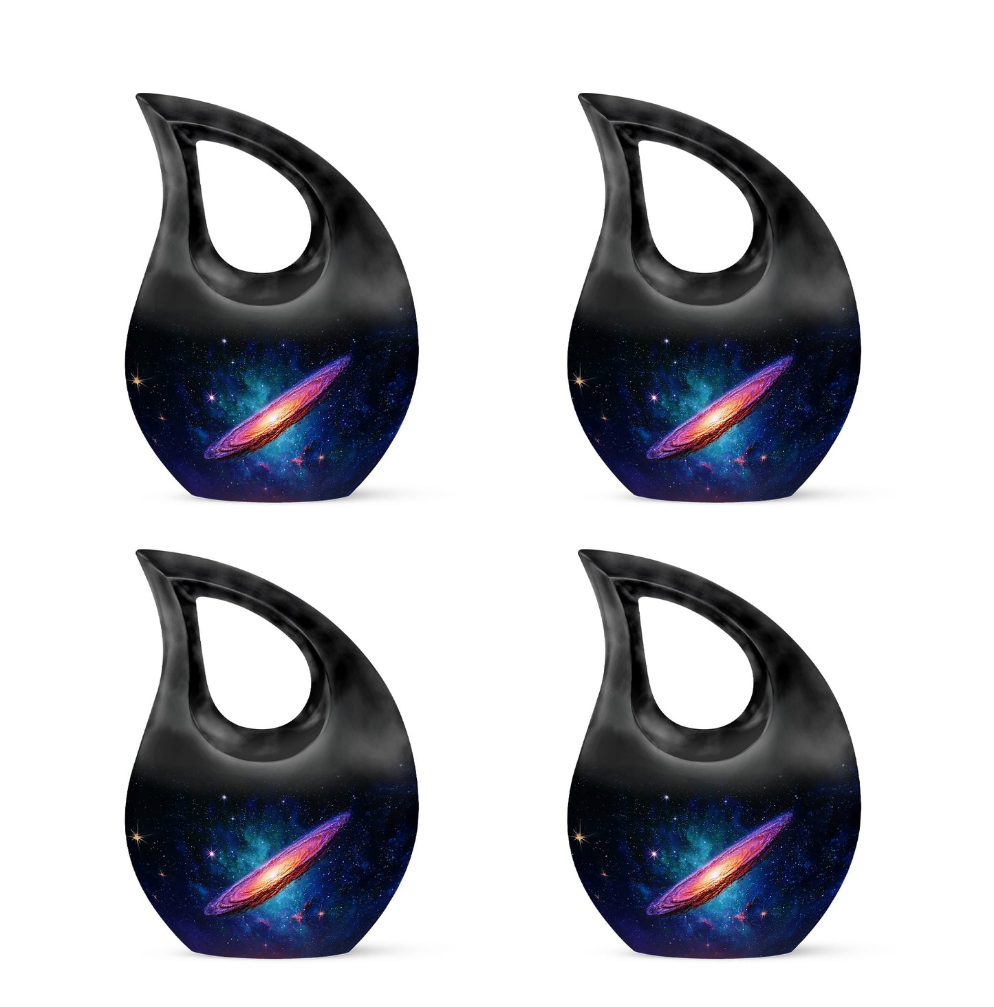 Onyx Black Galaxy Cremation Urn lifestyle display on memorial shelf - devotional cross-drop galaxy engraving - 10 inch aluminum urn for cremated remains