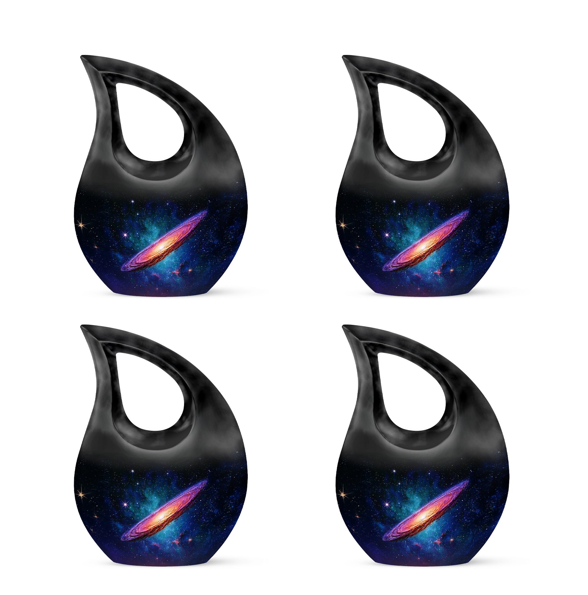 Onyx Black Galaxy Cremation Urn lifestyle display on memorial shelf - devotional cross-drop galaxy engraving - 10 inch aluminum urn for cremated remains