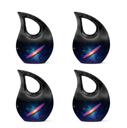 Onyx Black Galaxy Cremation Urn lifestyle display on memorial shelf - devotional cross-drop galaxy engraving - 10 inch aluminum urn for cremated remains