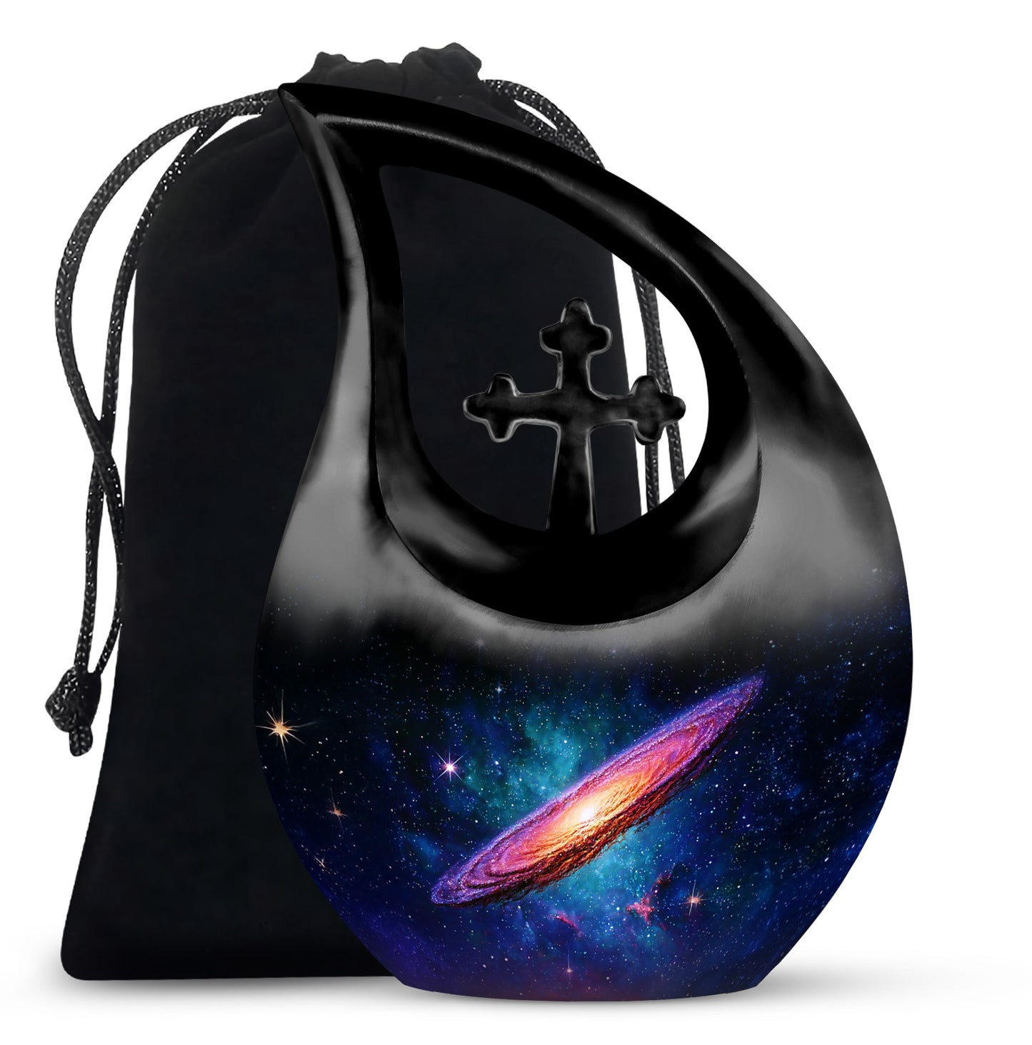 Charcoal Black Galaxy Cremation Urn top-down view of secure threaded lid - faith-inspired cross-drop urn with galaxy pattern - full-size 10 inch 200 cubic inch adult cremation urn