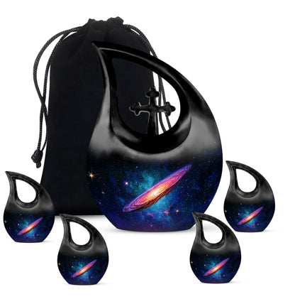 Deep Black Galaxy Cremation Urn urn with complimentary velvet bag - sacred cross merged with galaxy motif on metal - memorial set with one large and four small urns