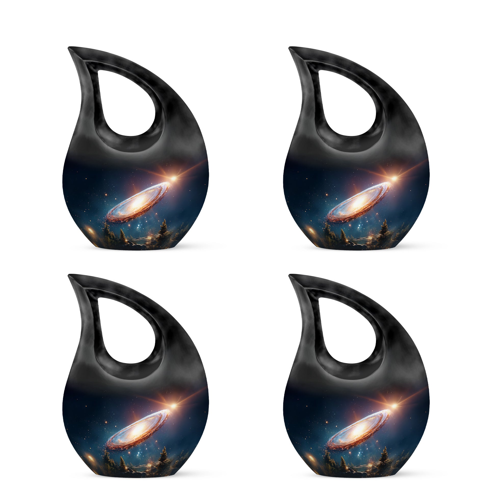 Navy Blue Galaxy Cremation Urn lifestyle display on memorial shelf - sacred cross merged with galaxy motif on metal - 10 inch aluminum urn for cremated remains