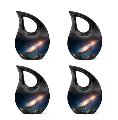 Navy Blue Galaxy Cremation Urn lifestyle display on memorial shelf - sacred cross merged with galaxy motif on metal - 10 inch aluminum urn for cremated remains