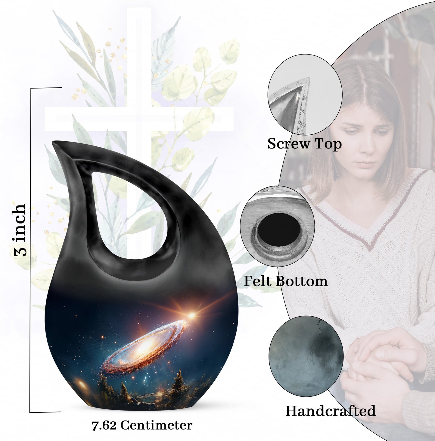 Indigo Galaxy Cremation Urn back view with polished surface - cross and galaxy combined in spiritual memorial design - mini keepsake memorial for portion of cremation ashes