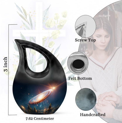 Indigo Galaxy Cremation Urn back view with polished surface - cross and galaxy combined in spiritual memorial design - mini keepsake memorial for portion of cremation ashes