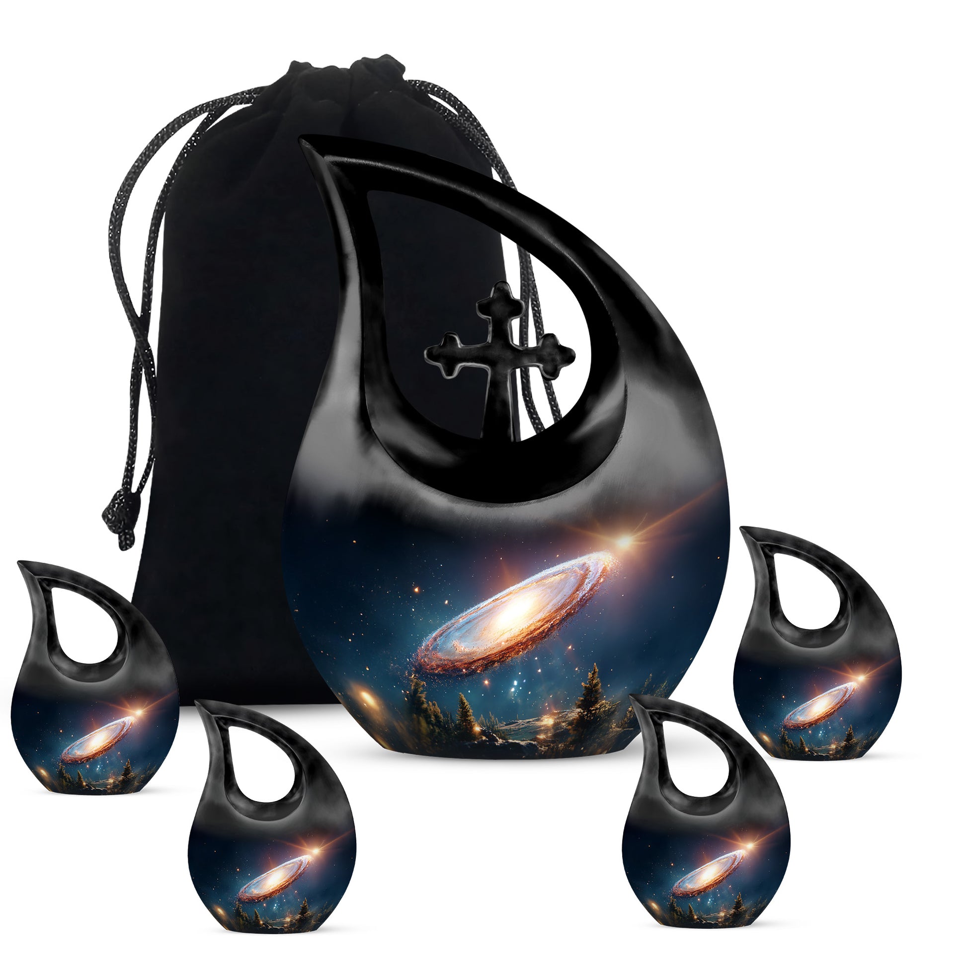 Sky Blue Galaxy Cremation Urn urn with complimentary velvet bag - sacred cross merged with galaxy motif on metal - memorial set with one large and four small urns