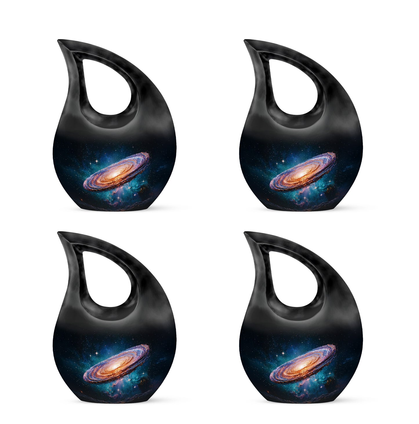 Dark Black Galaxy Cremation Urn lifestyle display on memorial shelf - devotional cross-drop galaxy engraving - 10 inch aluminum urn for cremated remains