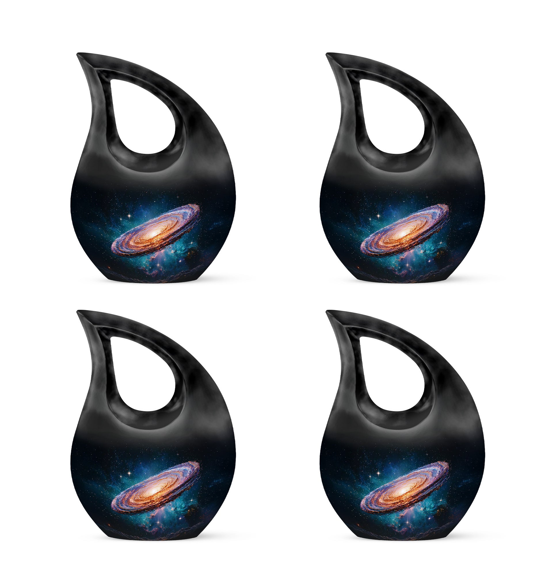 Dark Black Galaxy Cremation Urn lifestyle display on memorial shelf - devotional cross-drop galaxy engraving - 10 inch aluminum urn for cremated remains