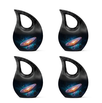 Dark Black Galaxy Cremation Urn lifestyle display on memorial shelf - devotional cross-drop galaxy engraving - 10 inch aluminum urn for cremated remains