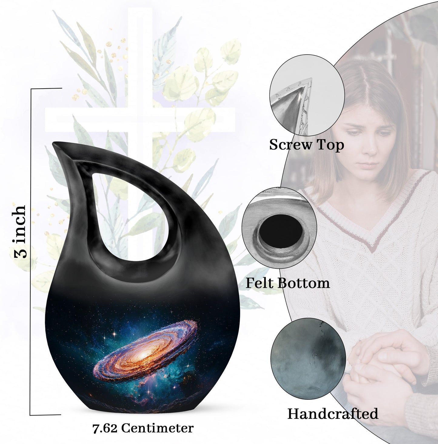 Deep Black Galaxy Cremation Urn back view with polished surface - cross and galaxy combined in spiritual memorial design - mini keepsake memorial for portion of cremation ashes