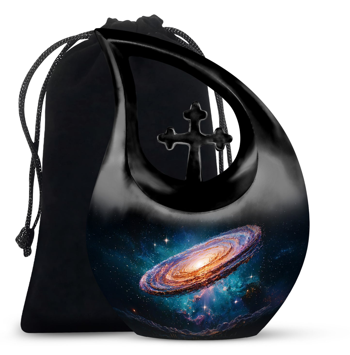 Glossy Black Galaxy Cremation Urn top-down view of secure threaded lid - cross and galaxy combined in spiritual memorial design - full-size 10 inch 200 cubic inch adult cremation urn