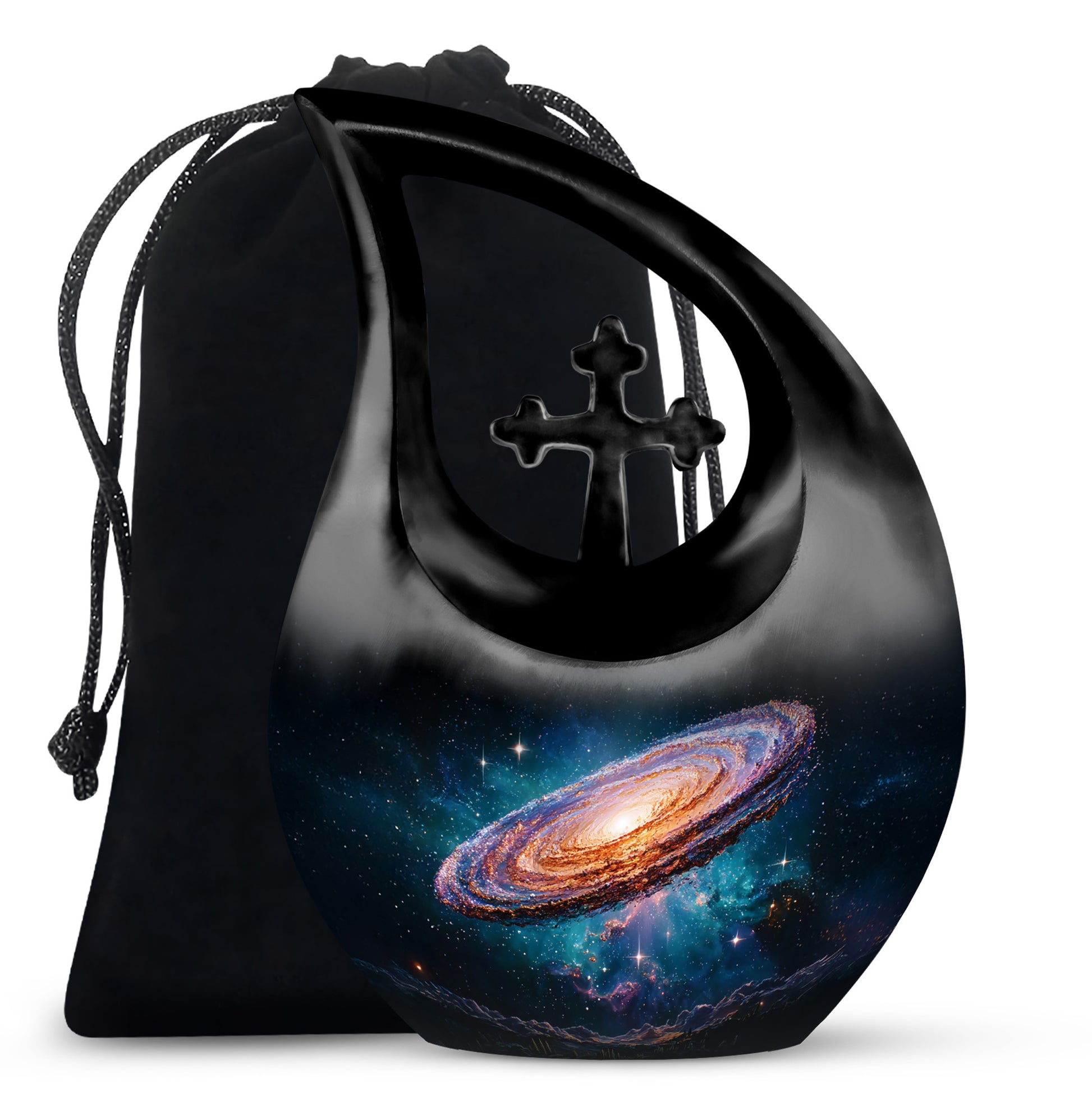 Glossy Black Galaxy Cremation Urn top-down view of secure threaded lid - cross and galaxy combined in spiritual memorial design - full-size 10 inch 200 cubic inch adult cremation urn