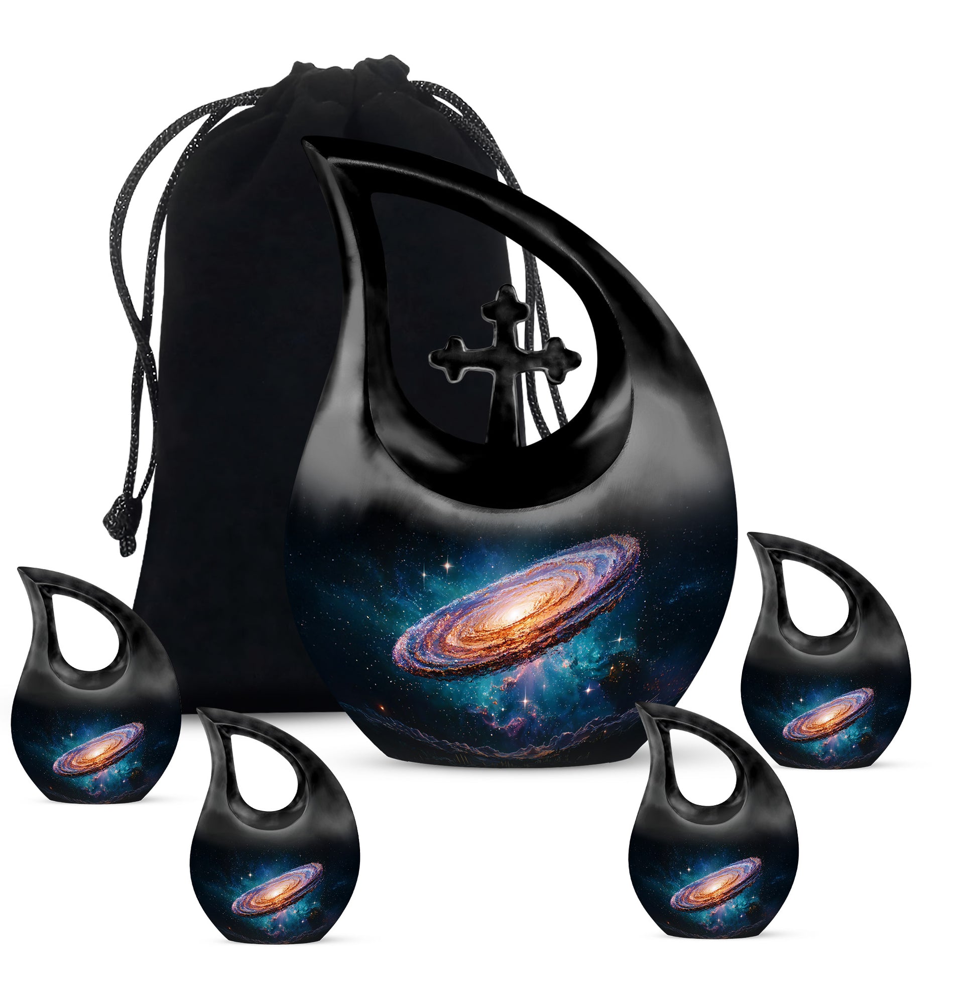 Onyx Black Galaxy Cremation Urn urn with complimentary velvet bag - devotional cross-drop galaxy engraving - memorial set with one large and four small urns
