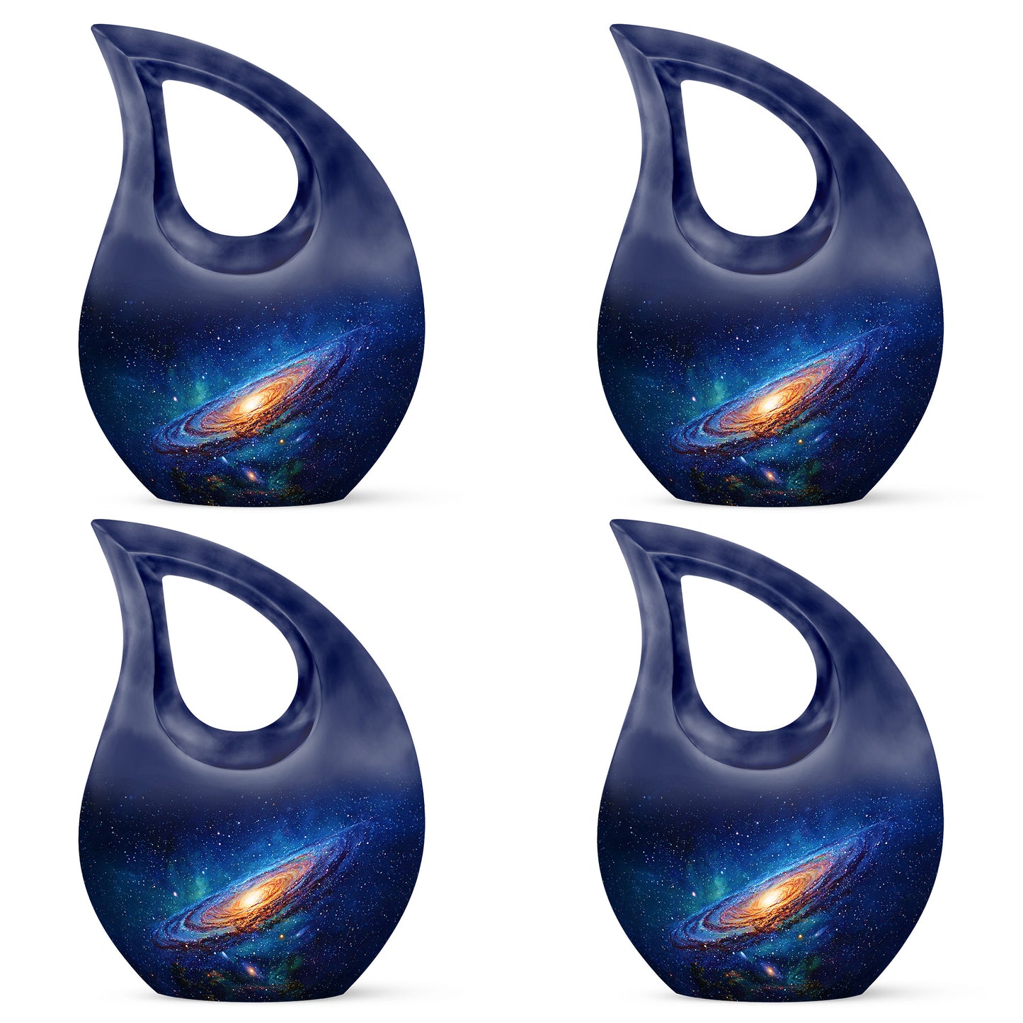 Sapphire Blue Galaxy Cremation Urn lifestyle display on memorial shelf - faith-inspired cross-drop urn with galaxy pattern - 10 inch aluminum urn for cremated remains