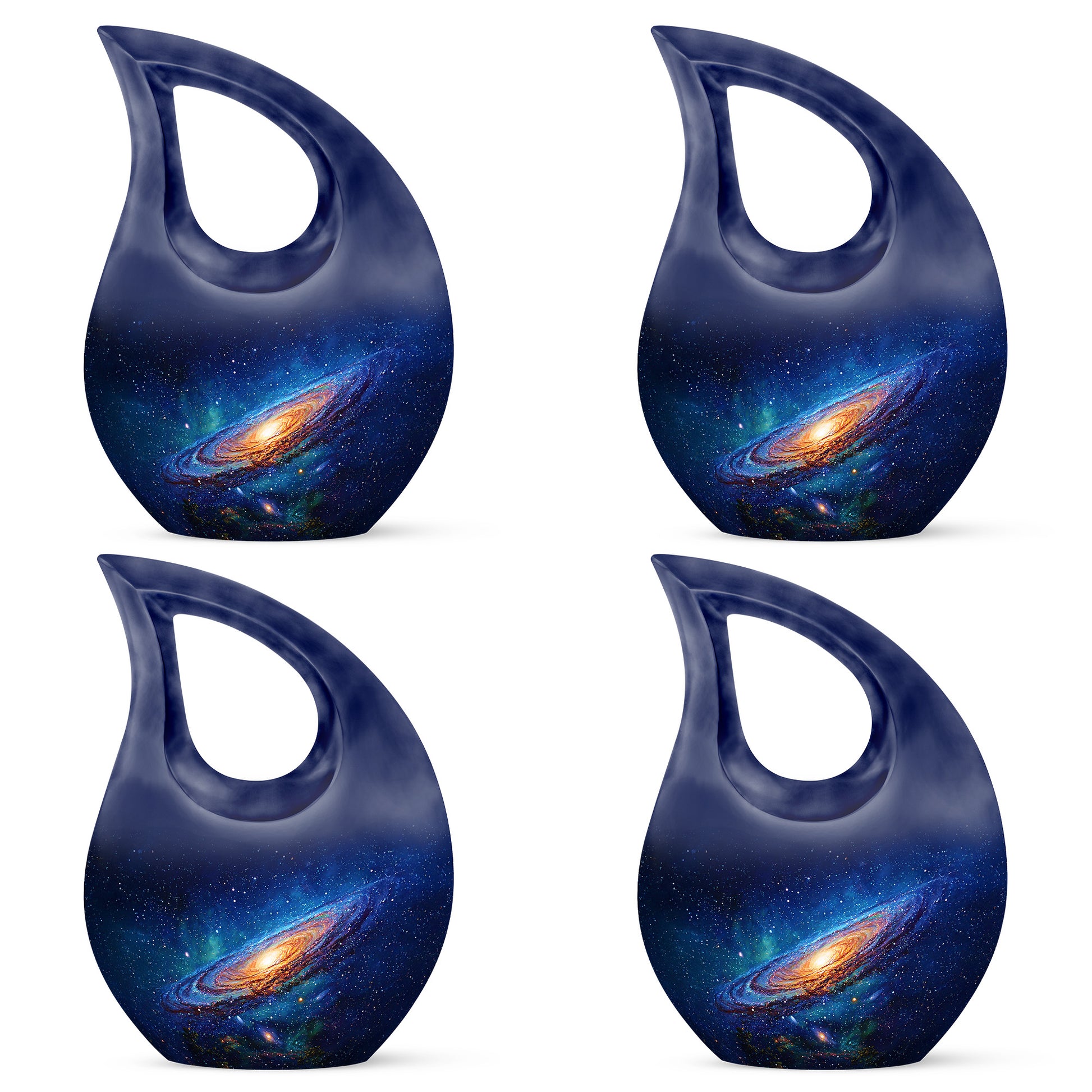 Sapphire Blue Galaxy Cremation Urn lifestyle display on memorial shelf - faith-inspired cross-drop urn with galaxy pattern - 10 inch aluminum urn for cremated remains