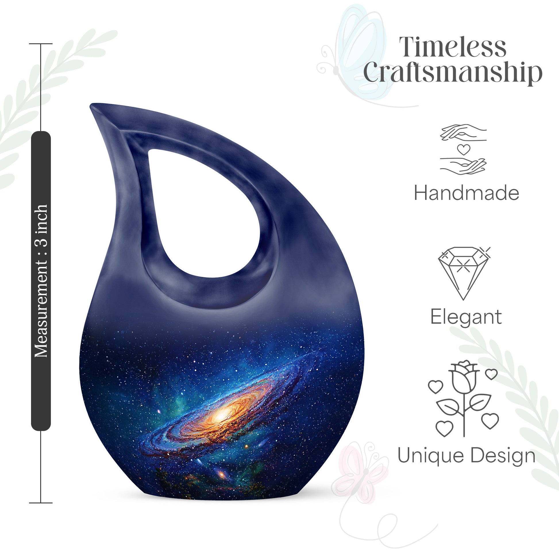 Soft Blue Galaxy Cremation Urn back view with polished surface - devotional cross-drop galaxy engraving - mini keepsake memorial for portion of cremation ashes