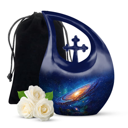 Powder Blue Galaxy Cremation Urn top-down view of secure threaded lid - cross and galaxy combined in spiritual memorial design - full-size 10 inch 200 cubic inch adult cremation urn