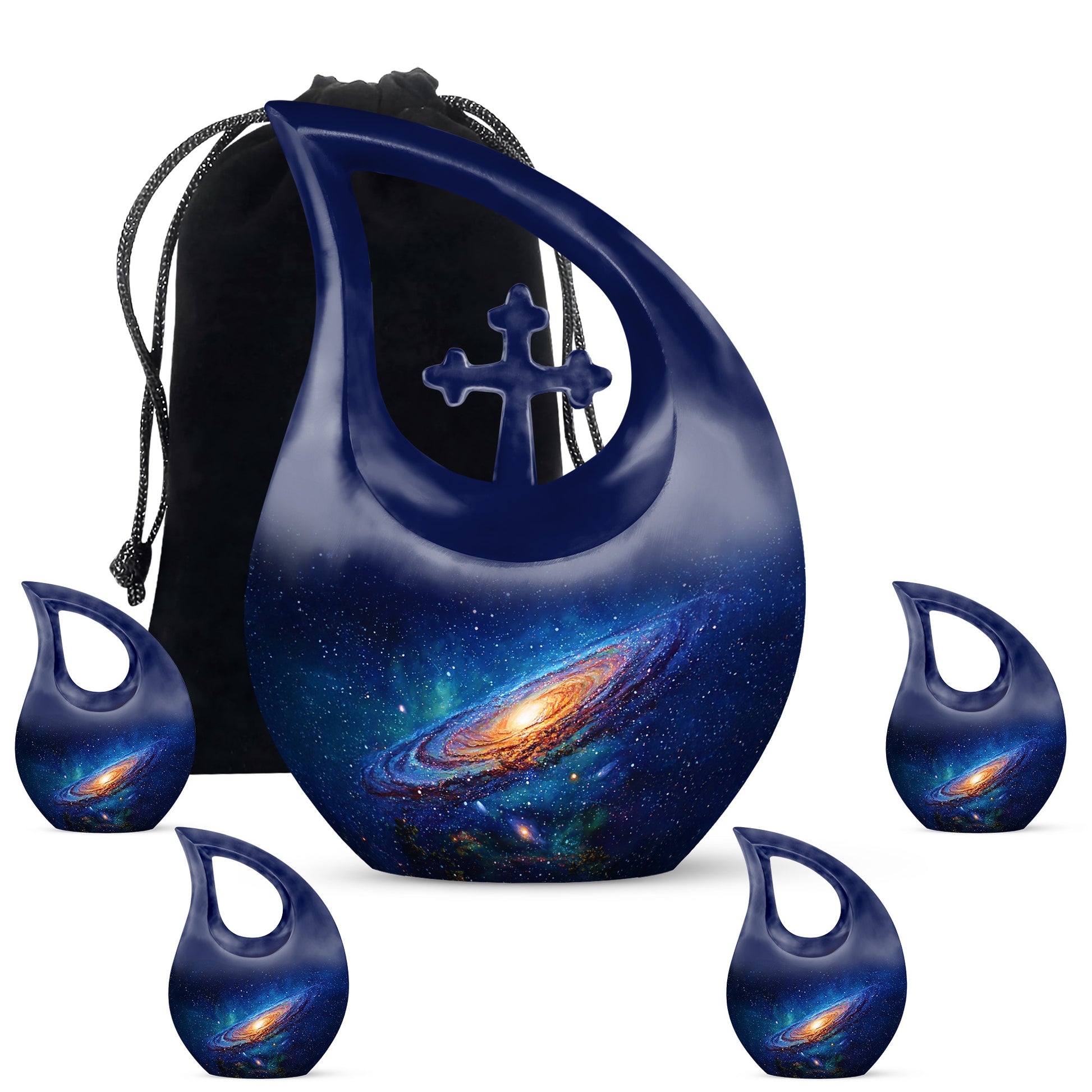 Soft Blue Galaxy Cremation Urn urn with complimentary velvet bag - devotional cross-drop galaxy engraving - memorial set with one large and four small urns