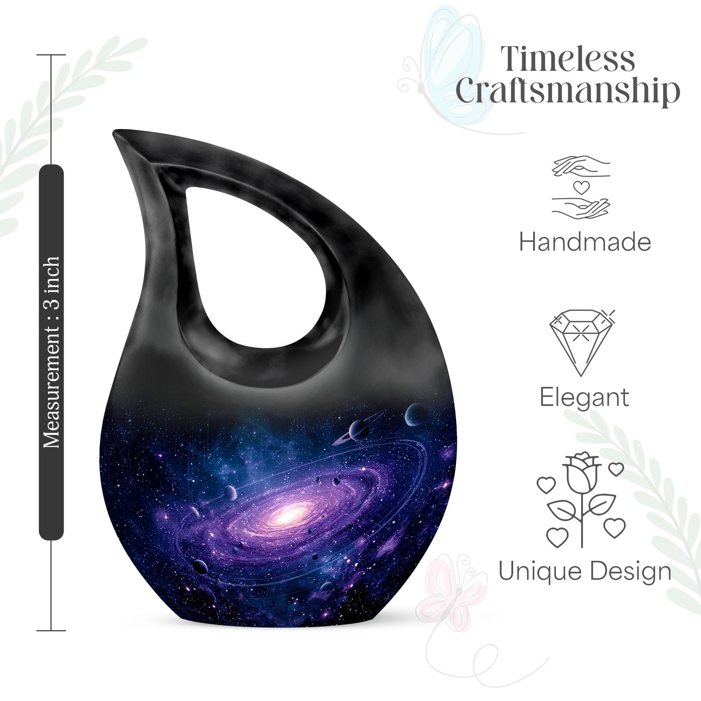 Sapphire Blue Galaxy Cremation Urn back view with polished surface - devotional cross-drop galaxy engraving - mini keepsake memorial for portion of cremation ashes