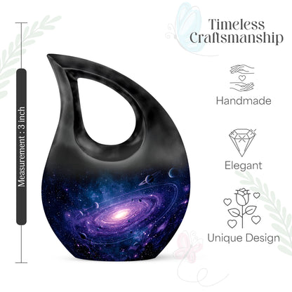 Sapphire Blue Galaxy Cremation Urn back view with polished surface - devotional cross-drop galaxy engraving - mini keepsake memorial for portion of cremation ashes
