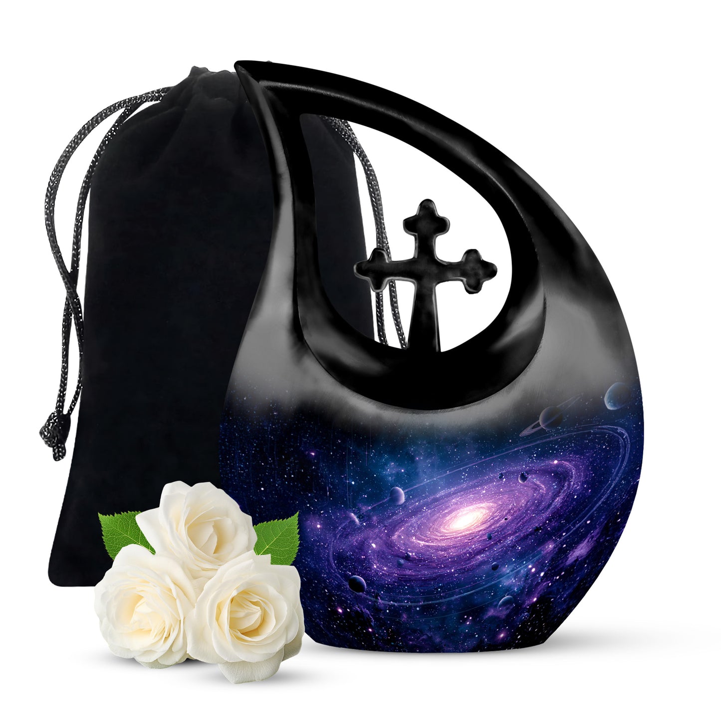 Steel Blue Galaxy Cremation Urn top-down view of secure threaded lid - devotional cross-drop galaxy engraving - full-size 10 inch 200 cubic inch adult cremation urn