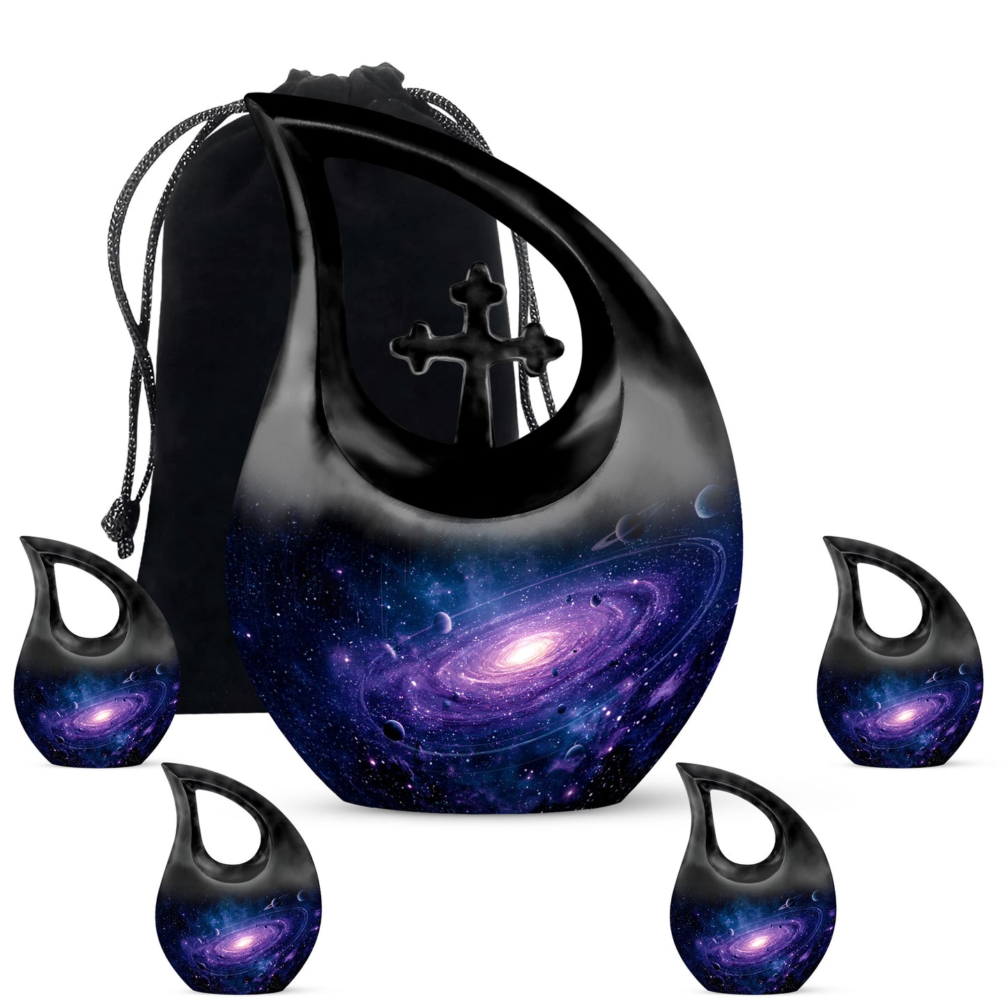Navy Blue Galaxy Cremation Urn urn with complimentary velvet bag - sacred cross merged with galaxy motif on metal - memorial set with one large and four small urns