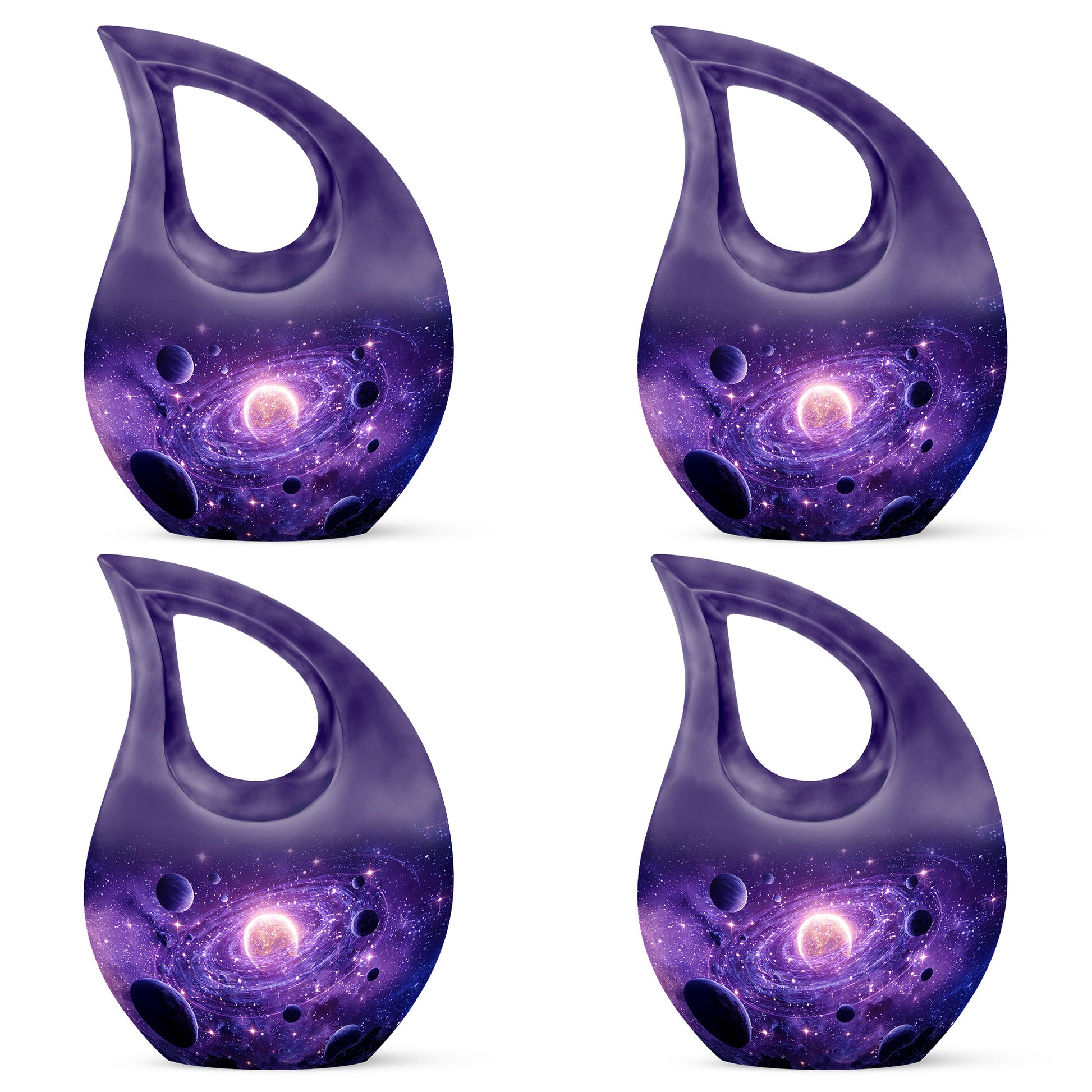 Amethyst Purple Galaxy Cremation Urn lifestyle display on memorial shelf - sacred cross merged with galaxy motif on metal - 10 inch aluminum urn for cremated remains