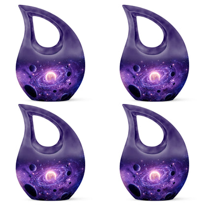 Amethyst Purple Galaxy Cremation Urn lifestyle display on memorial shelf - sacred cross merged with galaxy motif on metal - 10 inch aluminum urn for cremated remains