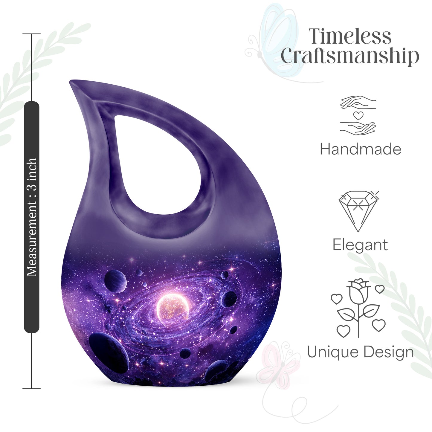 Lavender Purple Galaxy Cremation Urn back view with polished surface - devotional cross-drop galaxy engraving - mini keepsake memorial for portion of cremation ashes