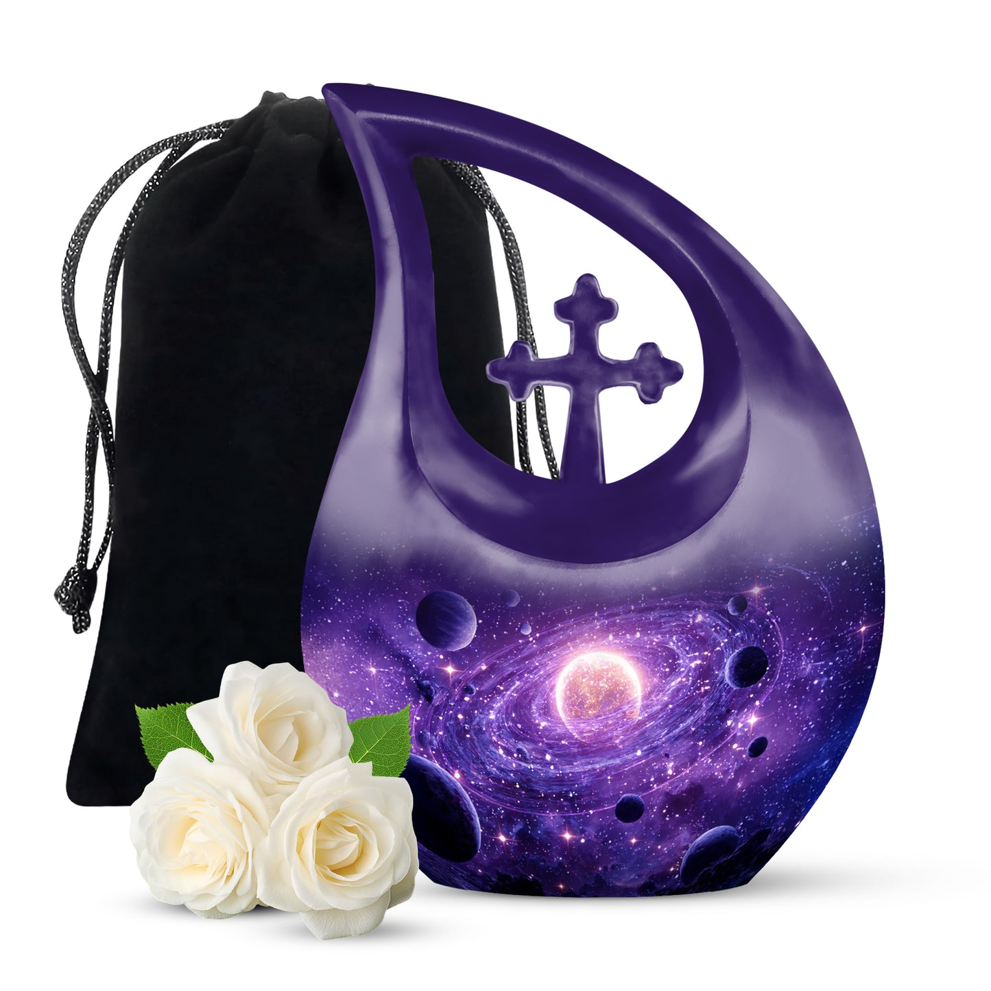 Royal Purple Galaxy Cremation Urn top-down view of secure threaded lid - faith-inspired cross-drop urn with galaxy pattern - full-size 10 inch 200 cubic inch adult cremation urn