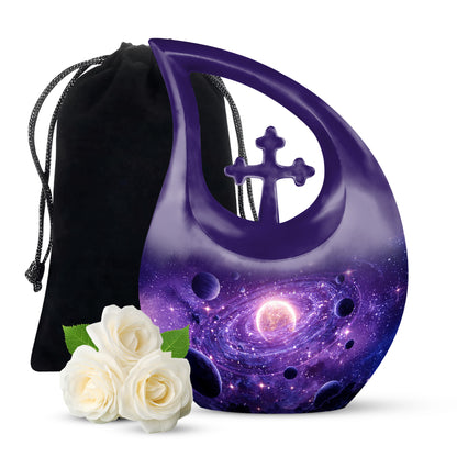 Royal Purple Galaxy Cremation Urn top-down view of secure threaded lid - faith-inspired cross-drop urn with galaxy pattern - full-size 10 inch 200 cubic inch adult cremation urn