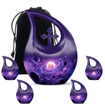 Amethyst Purple Galaxy Cremation Urn urn with complimentary velvet bag - sacred cross merged with galaxy motif on metal - memorial set with one large and four small urns