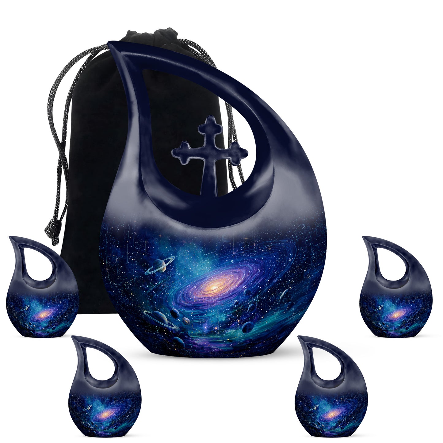Bright Blue Galaxy Cremation Urn urn with complimentary velvet bag - faith-inspired cross-drop urn with galaxy pattern - memorial set with one large and four small urns