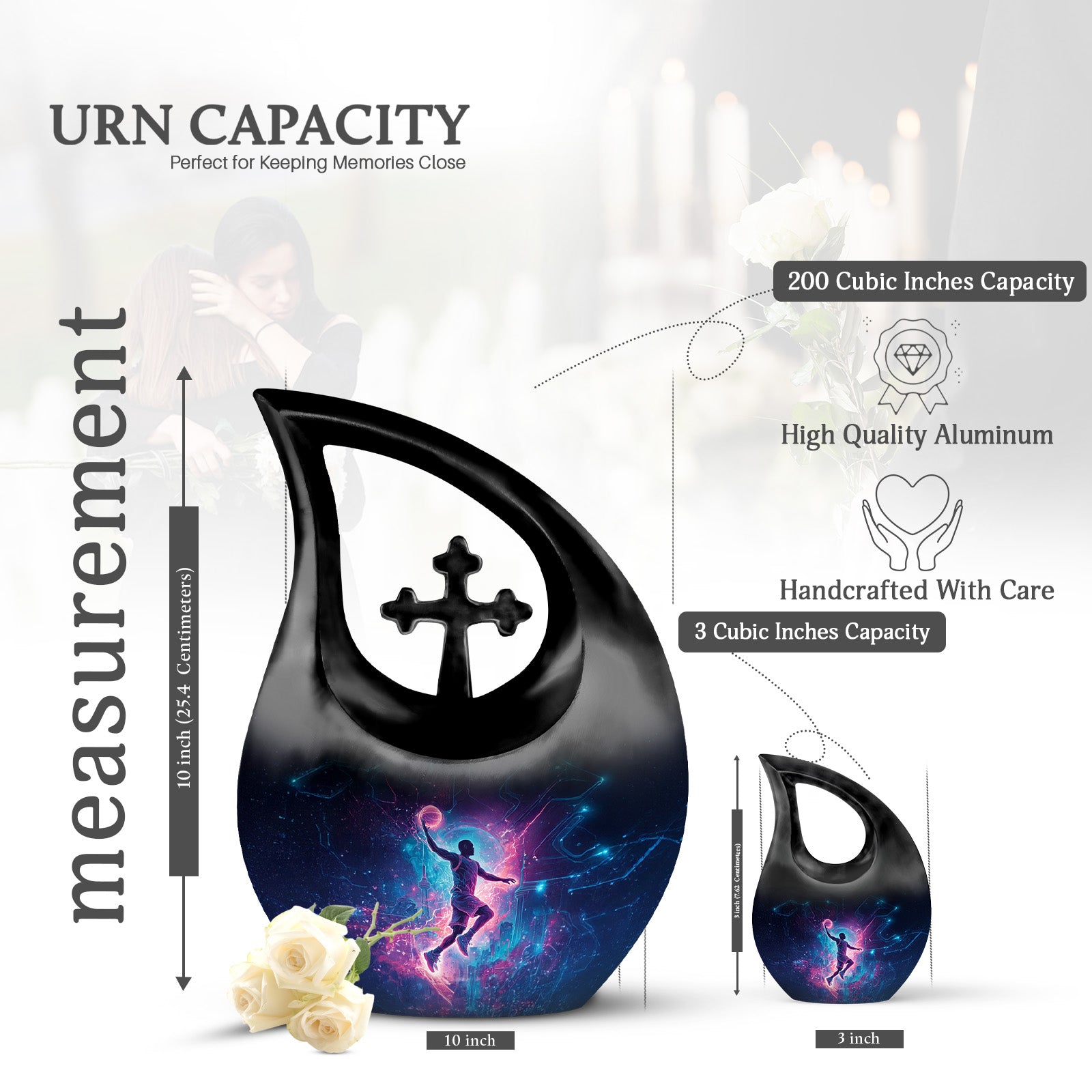 Midnight Black Basketball Cremation Urn back view with polished surface - faith-inspired cross-drop urn with basketball pattern - mini keepsake memorial for portion of cremation ashes