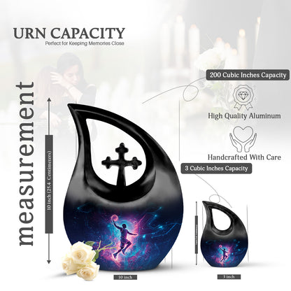 Midnight Black Basketball Cremation Urn back view with polished surface - faith-inspired cross-drop urn with basketball pattern - mini keepsake memorial for portion of cremation ashes