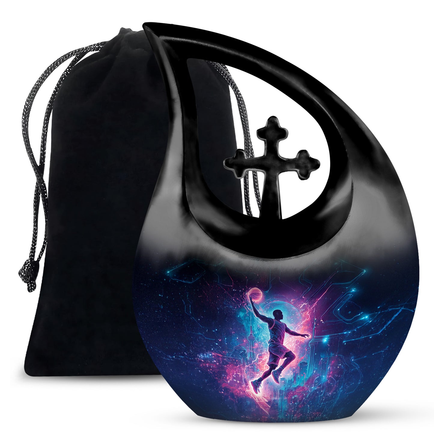 Dark Black Basketball Cremation Urn top-down view of secure threaded lid - faith-inspired cross-drop urn with basketball pattern - full-size 10 inch 200 cubic inch adult cremation urn