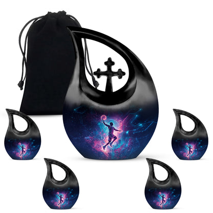 Rich Black Basketball Cremation Urn urn with complimentary velvet bag - sacred cross merged with basketball motif on metal - memorial set with one large and four small urns