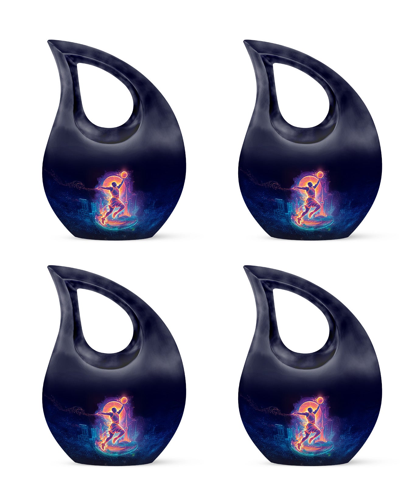 Jet Black Basketball Cremation Urn lifestyle display on memorial shelf - sacred cross merged with basketball motif on metal - 10 inch aluminum urn for cremated remains