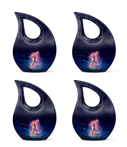 Jet Black Basketball Cremation Urn lifestyle display on memorial shelf - sacred cross merged with basketball motif on metal - 10 inch aluminum urn for cremated remains