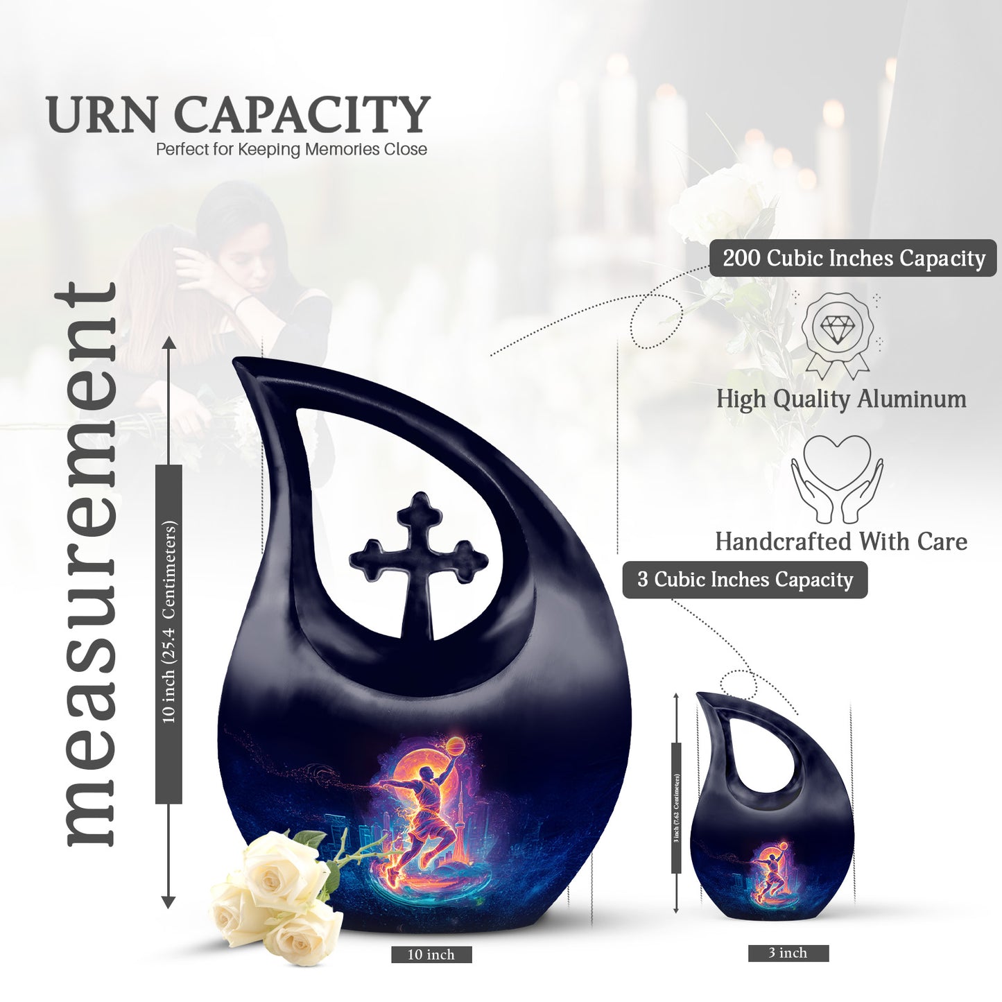 Midnight Black Basketball Cremation Urn back view with polished surface - devotional cross-drop basketball engraving - mini keepsake memorial for portion of cremation ashes