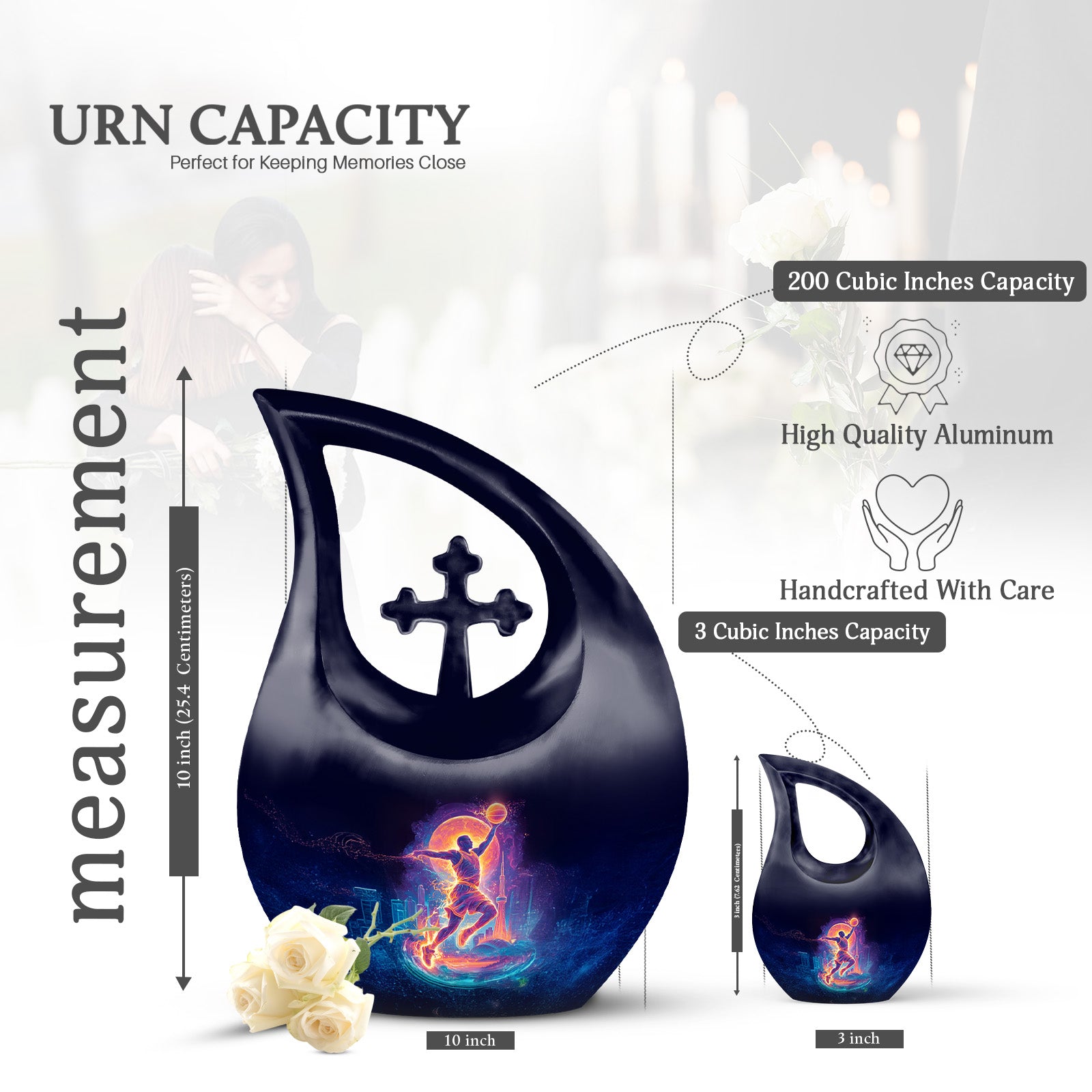 Midnight Black Basketball Cremation Urn back view with polished surface - devotional cross-drop basketball engraving - mini keepsake memorial for portion of cremation ashes